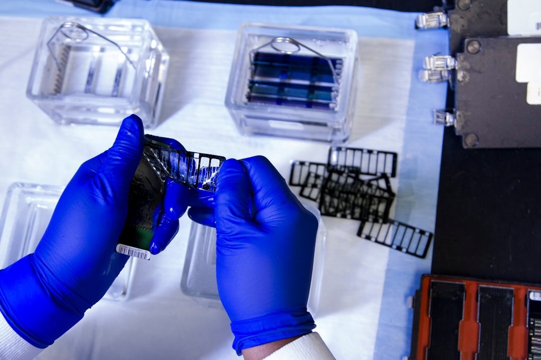 Quantum computer glowing blue in research lab