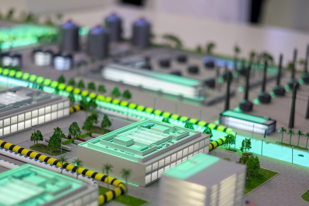 Aerial view of smart city with digital network overlay