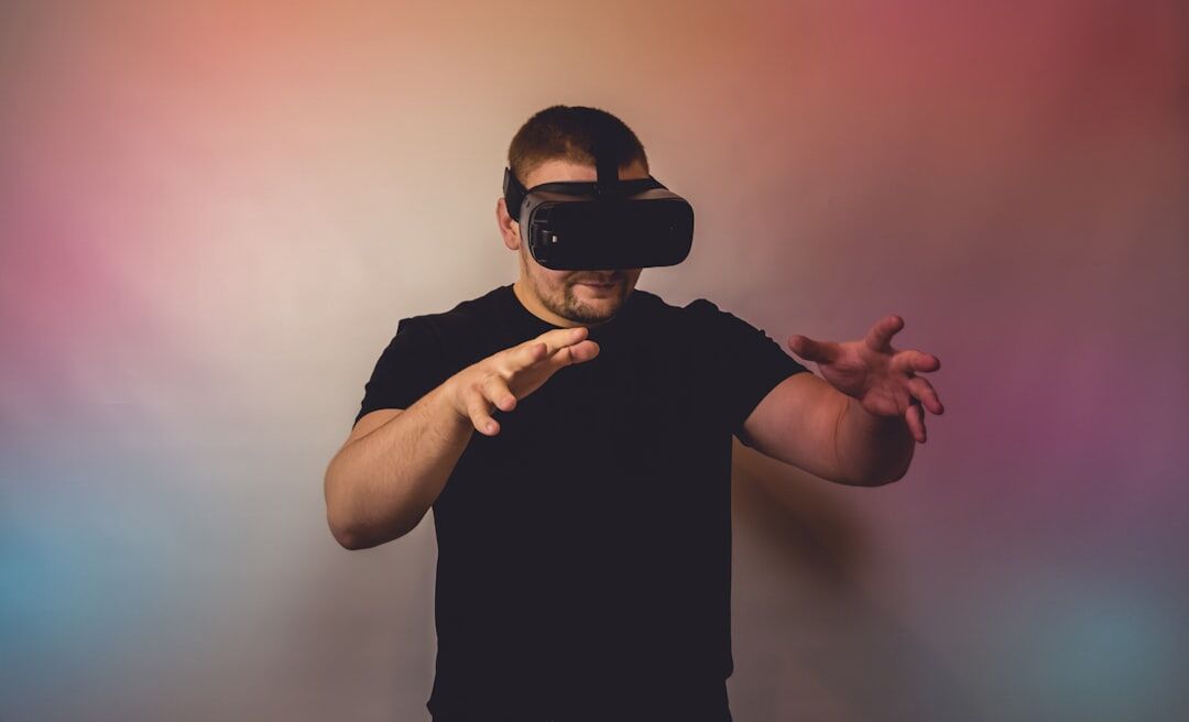 Person wearing VR headset experiencing virtual reality